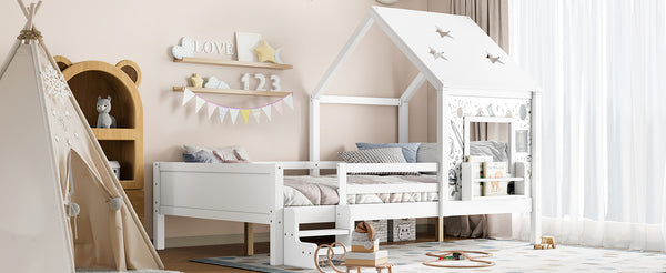English Elm Full Bunk Bed with Trundle Bookshelf Storage Pine Frame Car Design for Kids Light White W1580S00295