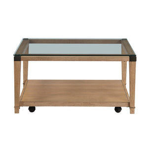 English Elm Modern Square Glass Top Coffee Table with Brown Wood Base Casters and Open Shelf B011P459334
