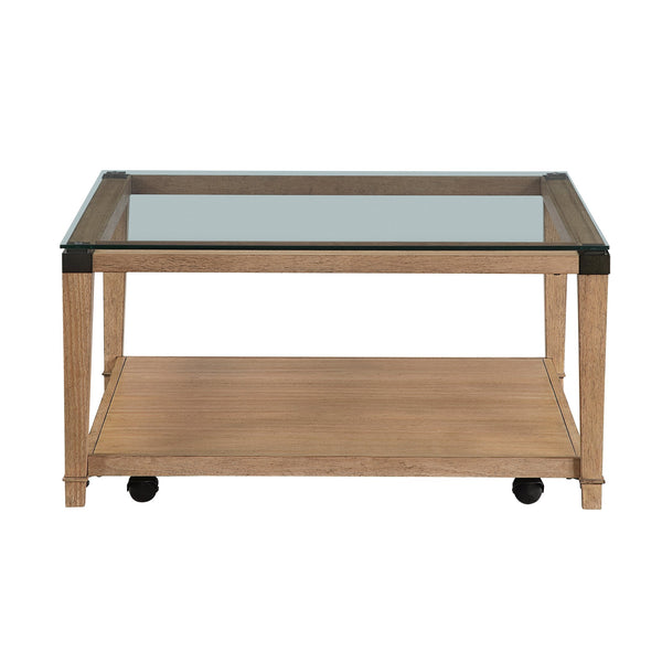 English Elm Modern Square Glass Top Coffee Table with Brown Wood Base Casters and Open Shelf B011P459334