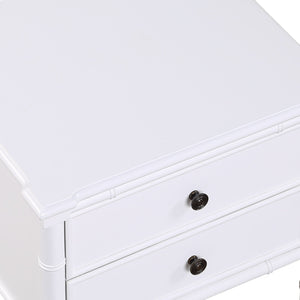 English Elm Emmett carved bamboo nightstand with 2 full‑extension drawers, brass knobs and floor‑protecting glides White B050P376943
