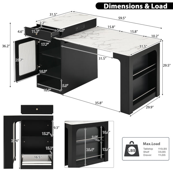 English Elm K&K Modern Extendable 59.5" Kitchen Island with Double-Sided Storage, Power Outlet & Casters Black N707S000017B