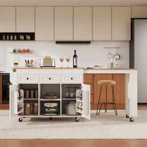 English Elm K&k Rolling Kitchen Island with Extendable Table Open Shelving and Built-in Power Outlet White N707P360278W