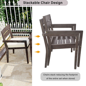 English Elm U_style Solid Acacia Wood Patio Dining Set Six Stackable Chairs Cushions Modern Outdoor Gray WY000459AAE