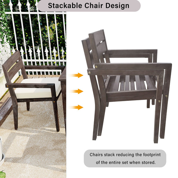 English Elm U_style Solid Acacia Wood Patio Dining Set Six Stackable Chairs Cushions Modern Outdoor Gray WY000459AAE