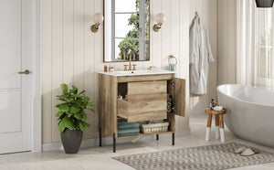English Elm 30" Modern Wood Bathroom Vanity with Ceramic Sink, Soft-Close Door, Drawer Dividers & Open Shelf N710P247136P