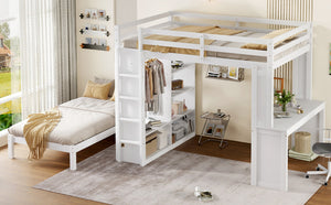 English Elm Queen Multifunctional Solid Wood Bunk Bed With Desk, Dismountable Twin Bed, Shelves & Wardrobe W1580S00214-GIGA