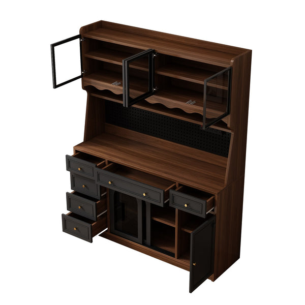 English Elm Freestanding Buffet Hutch with Glass Doors Six Drawers and Built in Power Outlet W5389S00002