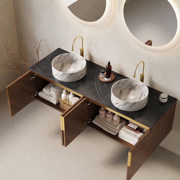 English Elm ARAI 60" Bathroom Vanity with Dual Ceramic Vessel Sinks, Sintered Stone Top, Plywood Storage Cabinet with Soft-Close Doors and Brushed Gold Handles Black,Brown Oak,Stone White W2615S00447
