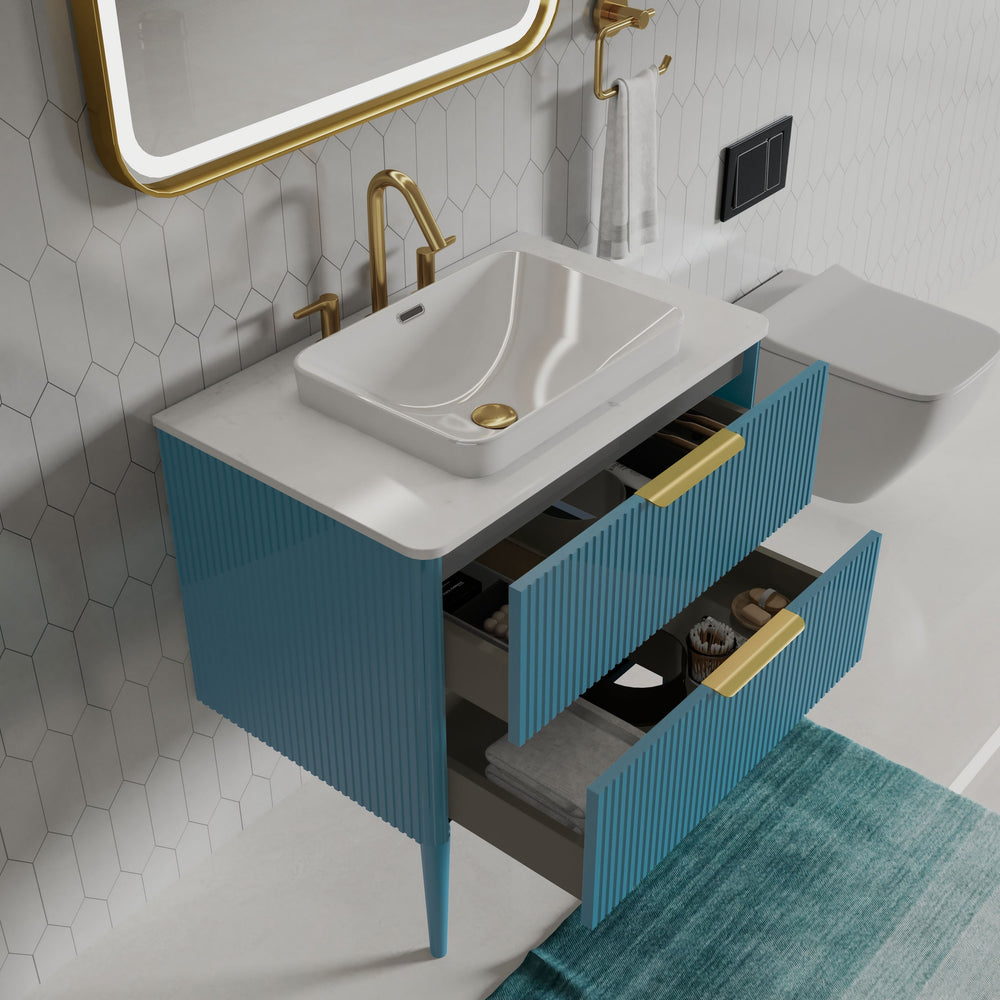 English Elm Elena 30" Striped Oak Bathroom Vanity with Ceramic Sink, Freestanding or Wall-Mount, Soft-Close Drawers Blue W1865S00080