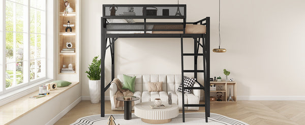 English Elm Full Size Loft Bed with Ladder & Built-In Shelves, Sturdy Metal High Loft for Kids Teens Black W2580P316646