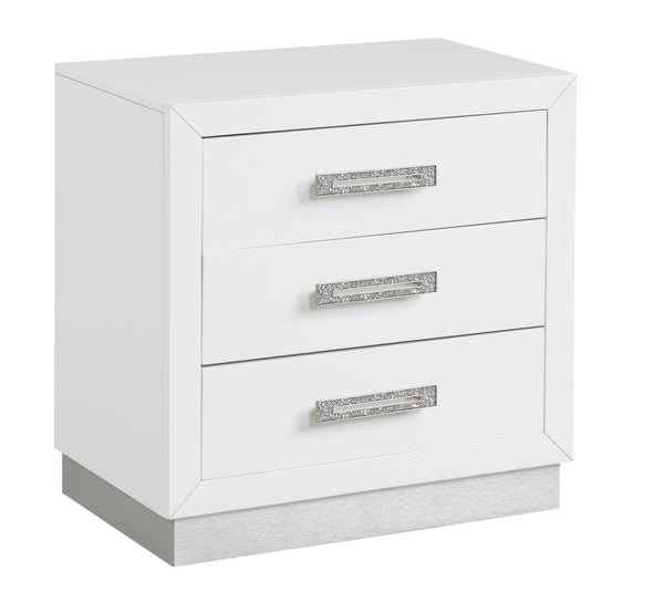 English Elm Nightstand Coco 3-Drawer Milky White with Crystal Diamond Hardware — Elegant Storage for Bedroom Glam 659436145337