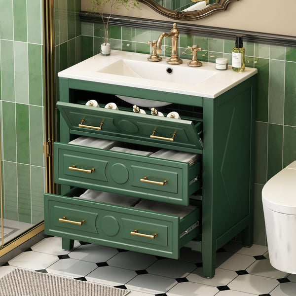 English Elm 30'' Bathroom Vanity with Ceramic Sink, Solid Wood Frame Retro Style Vanity with 3 Drawers & Gold Handles Green N710P246209F