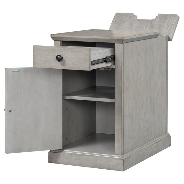 English Elm U-can Acacia Wood End Table with Usb Charging Station Drawer and Cabinet Storage Antique Gray N724P353565E