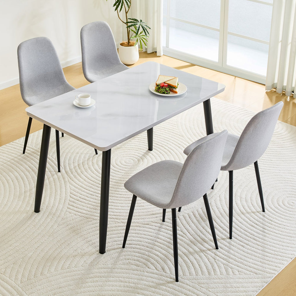 English Elm Table and Chair Set Modern Marble Glass Top Dining for Four with Linen Upholstered Seats W1151S04626