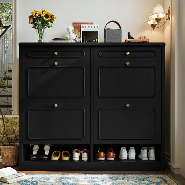 English Elm Wooden Farmhouse Entryway Shoe Cabinet with Six Drawers for Organized Hallway Storage Black W1580P402824