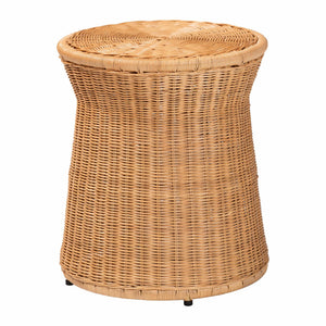 English Elm Round Handwoven Rattan Drum Side Table Organic Wicker Accent for Living or Sunroom B2750P467846