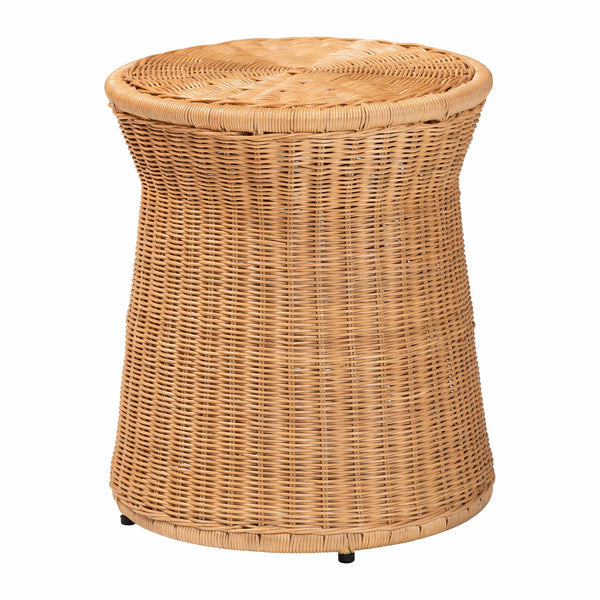 English Elm Round Handwoven Rattan Drum Side Table Organic Wicker Accent for Living or Sunroom B2750P467846