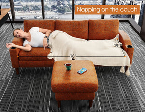 English Elm Convertible Modular 3-Seater Sofa with Removable Ottomans, Dual Side Storage and Versatile Layouts Orange W2012P318979