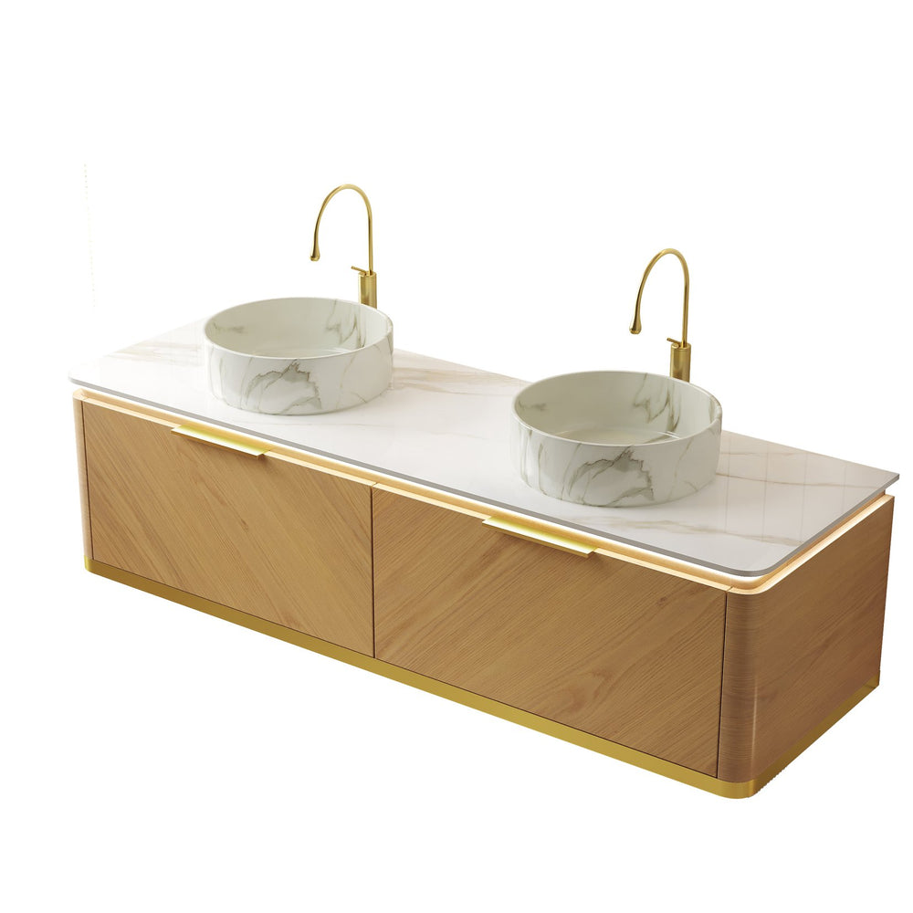 English Elm Dipa 60" Floating Bathroom Vanity Set With Dual Ceramic Sinks, Led Lights & Corolla Oak Finish W2615S00489