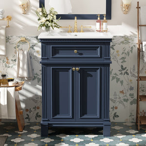 English Elm 24'' Carved Farmhouse Bathroom Vanity with Ceramic Sink Soft Close Storage Cabinet Blue N710P446530C