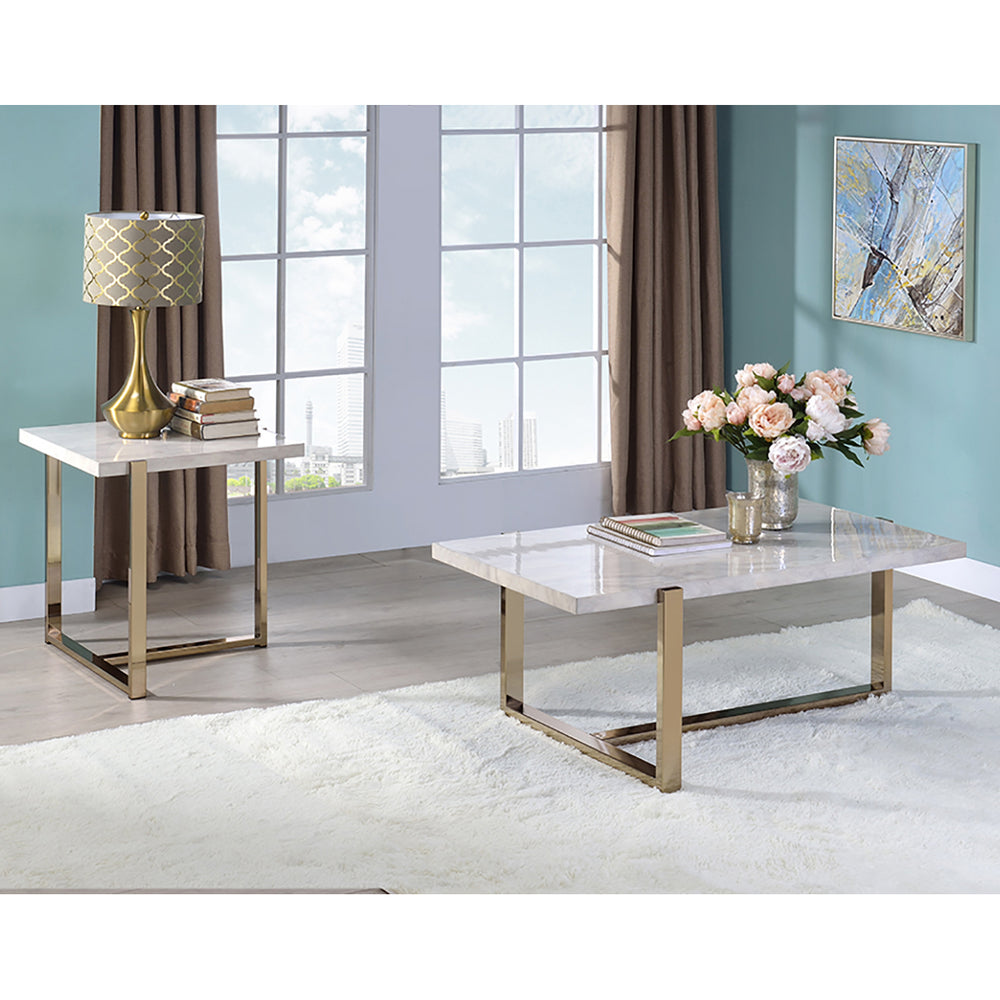 English Elm White Faux Marble Coffee Table with Champagne Geometric Metal Base — Modern Luxe, Durable Design B062P189196