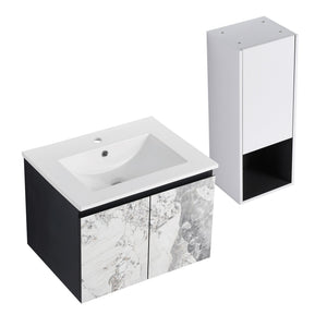 English Elm 24" Wall-Mounted Bathroom Vanity Set With Soft Close Doors, Ceramic Sink, And Side Cabinet Storage W999S00330