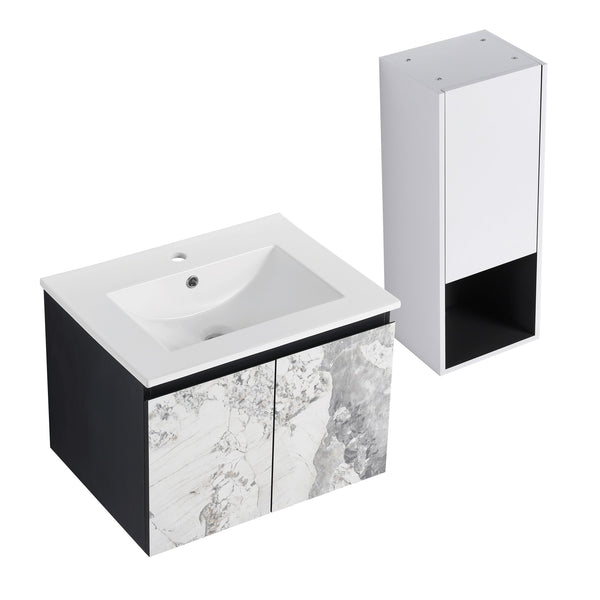 English Elm 24" Wall-Mounted Bathroom Vanity Set With Soft Close Doors, Ceramic Sink, And Side Cabinet Storage W999S00330