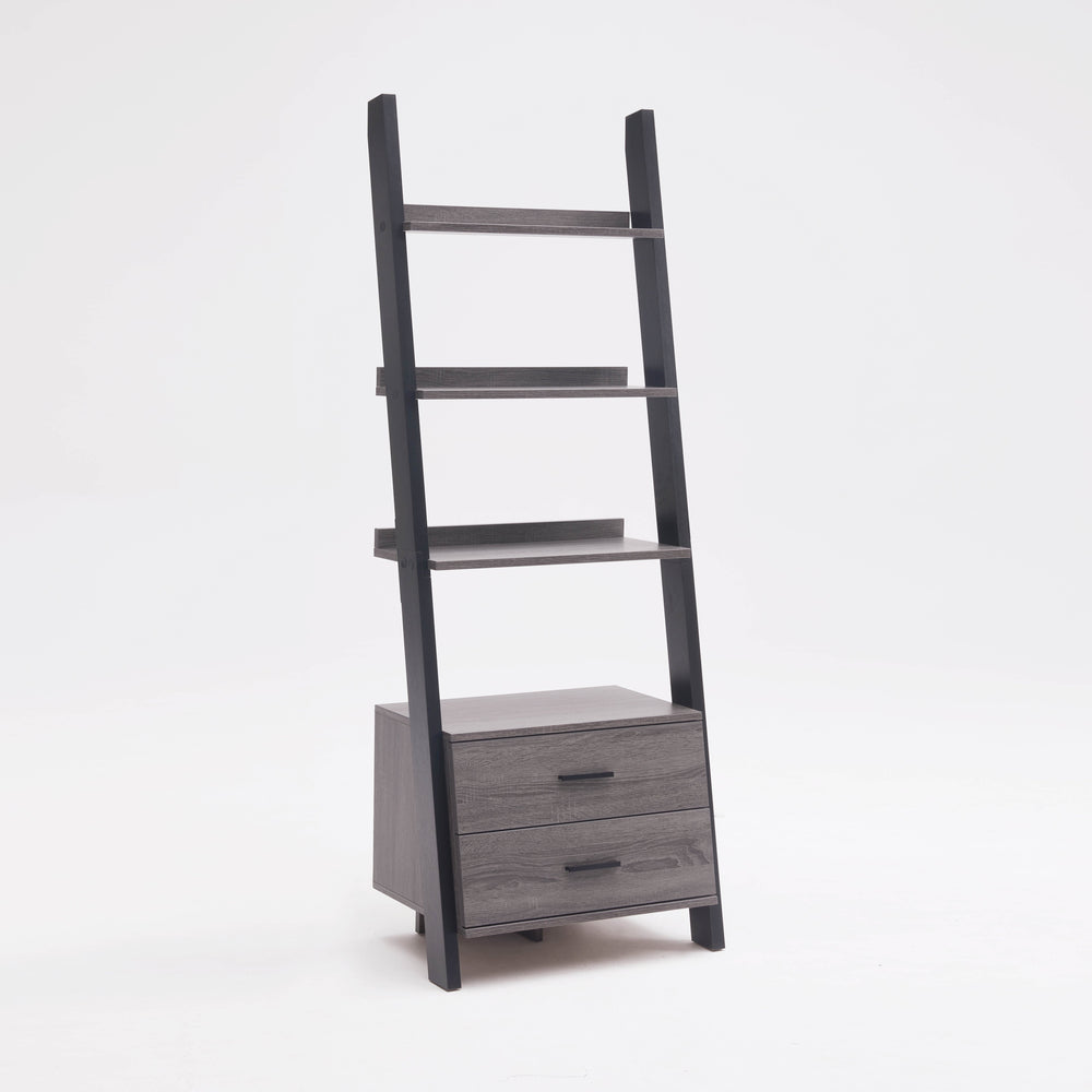 English Elm Two drawer ladder bookcase with two-tone distressed grey & black, 4 shelves, 2 drawers, aluminum bar handles, leaning design stability B107P295241