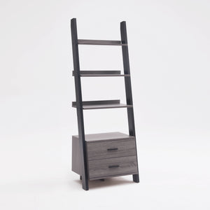 English Elm Two drawer ladder bookcase with two-tone distressed grey & black, 4 shelves, 2 drawers, aluminum bar handles, leaning design stability B107P295241