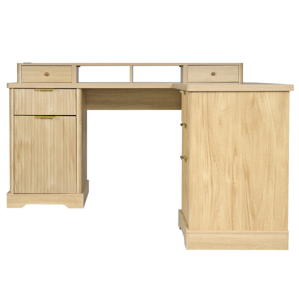 English Elm 59" Fluted Oak L-shaped Corner Desk with Charging Station Monitor Stand and File Storage Light Oak W2917S00005
