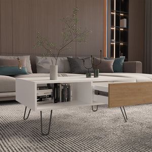 English Elm Coffee engineered wood coffee table on casters with single shelf, minimalist, durable, eco-friendly White + Light Oak 45.67 L x 39.6 W x 3.94 H B097P262379