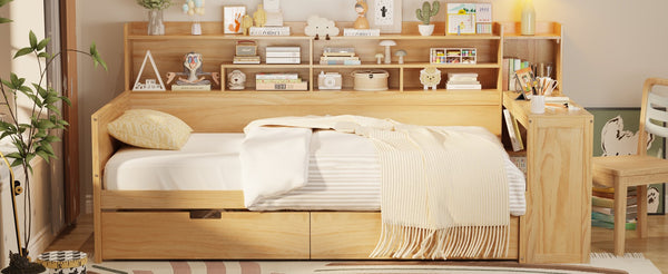 English Elm Wooden Twin Daybed with Built-In Desk, Side Shelves and Dual Drawers for Smart Space Saving Natural 54.9 L x 18.75 W x 5.6 H N733S241484M