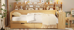 English Elm Wooden Twin Daybed with Trundle Built-in Desk and Open Shelves for Kids Rooms N733S373381M