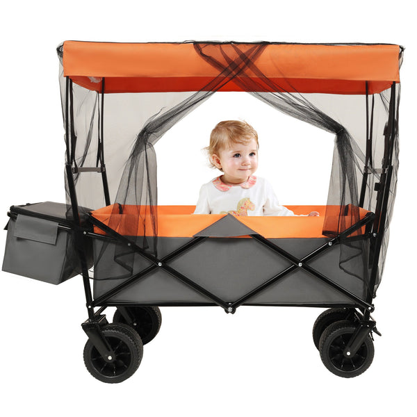 English Elm 480lbs Foldable All-terrain Wagon with Canopy Mosquito Net for Camping Outdoor Orange W2932P253227