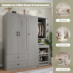 English Elm Multifunctional Wardrobe Cabinet with Fold Out Desk Hanging Rod and Storage Drawers Gray W1580S00476