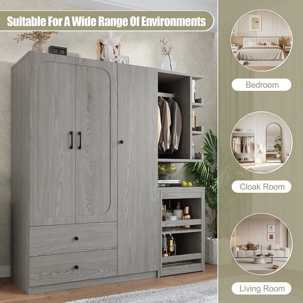English Elm Multifunctional Wardrobe Cabinet with Fold Out Desk Hanging Rod and Storage Drawers Gray W1580S00476