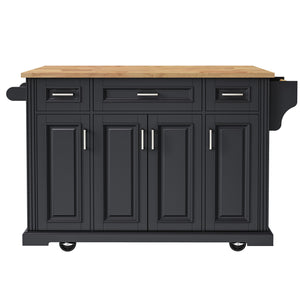English Elm K&K 54" Farmhouse Kitchen Island with Embossed Texture, Drop Leaf, Soft-Close Drawers & Wheels Black N707P195395B