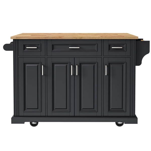 English Elm K&K 54" Farmhouse Kitchen Island with Embossed Texture, Drop Leaf, Soft-Close Drawers & Wheels Black N707P195395B