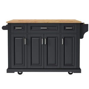 English Elm K&k Farmhouse Rolling Kitchen Island Rubberwood Drop Leaf 3 Drawers 4 Cabinet Doors Black N707S195395B