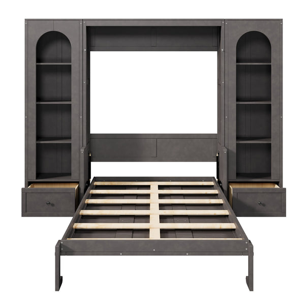 English Elm Queen Murphy Bed with Led Lighting Side Cabinets Shelving and Fold Down Desk Panel Gray N7090002226E-1