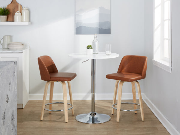 English Elm Fixed-height Swivel Counterstools Natural Wood Bentwood Legs Camel Faux Leather Set 2 B202S01767