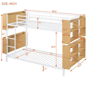 English Elm Twin Metal Bunk Bed with Built-In Headboard Storage and Footboard Shelves, Sturdy Space-Saving Design White SF000176AAK