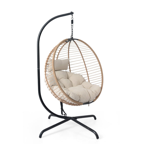 English Elm Christopher Knight Home® - Sora Beige-Brown Wicker Hanging Chair with Stand — Durable PE Rattan, Iron Frame, Plush Fade-Resist Cushion N775P225487B