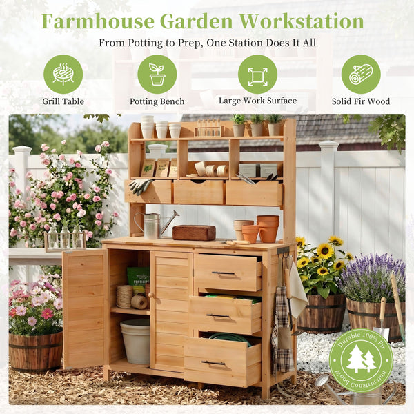 English Elm (with Hutch) Topamx Solid Fir Potting Bench Patio Workstation Spice Rack Drawer Natural Wood N717P404331A