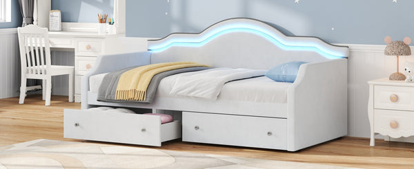 English Elm Twin Upholstered Daybed with Built-In LED & 2 Drawers, Velvet Platform Bed with Solid Wood Frame, Modern Curved Backrest, Twin Size, No Box Spring Needed Beige N7500001851A