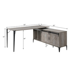 English Elm L-Shape Writing Desk with Cabinet and Sliding Barn Doors, Industrial Metal Accents, Compact Workspace Black,Gray B016S00015