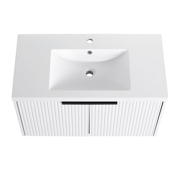 English Elm 36" Floating Bathroom Vanity with Resin Sink, Wavy Doors, Soft-Close Hinges & Durable Plywood Finish White W999P251811