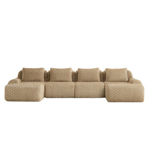 English Elm 146" U-shaped Modular Sectional Flannelette Sofa with Ottoman for Spacious Living Rooms Light Camel W714S01516
