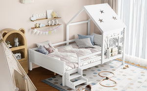 English Elm Full Bunk Bed with Trundle Bookshelf Storage Pine Frame Car Design for Kids Light White W1580S00295
