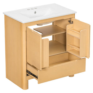English Elm [video] 30 Inch Freestanding Bathroom Vanity Pine Legs Ceramic Sink Soft Close Storage Oak N759P412928O